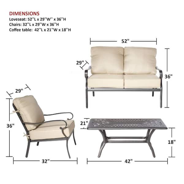 Newbury Beige 4-Piece Metal Cast Aluminum Seating Set with Table, Loveseat, and 2 Lounge Chairs with Tan Cushions