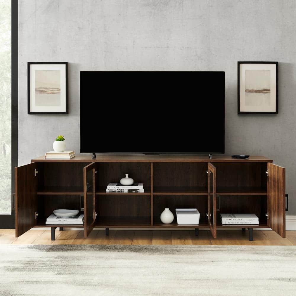 Dark Walnut Herringbone 70" TV Stand with Glass Doors