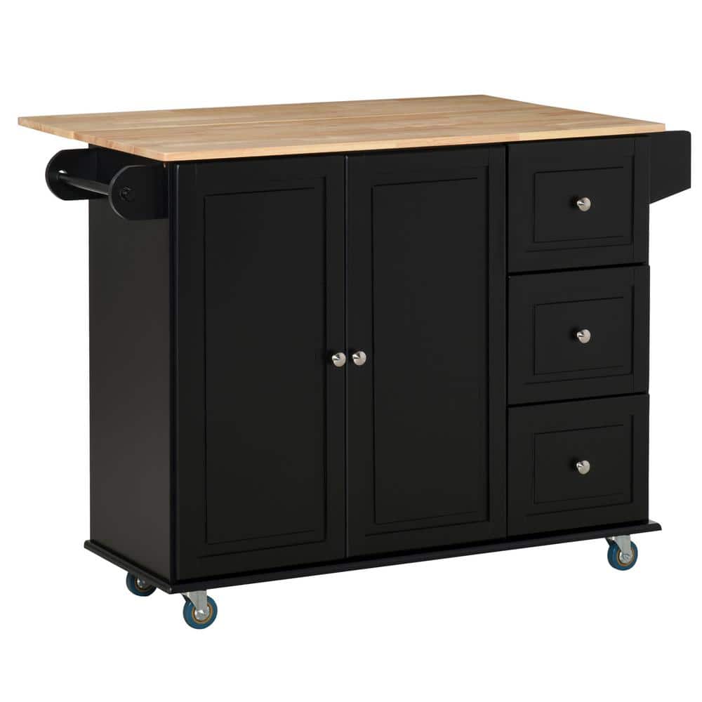 HOMCOM Black Rolling Island Kitchen Cart with 3-Drawers, Cabinet and ...