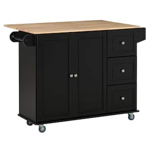 Black Rolling Island Kitchen Cart with 3-Drawers, Cabinet and Towel/Spice Rack