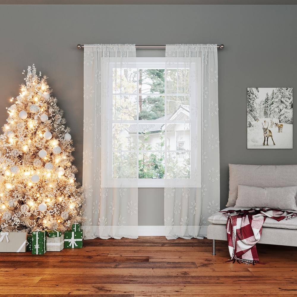 White Sheer Snowflake Embroidery Rod Pocket Curtain Panel 36" x 63"