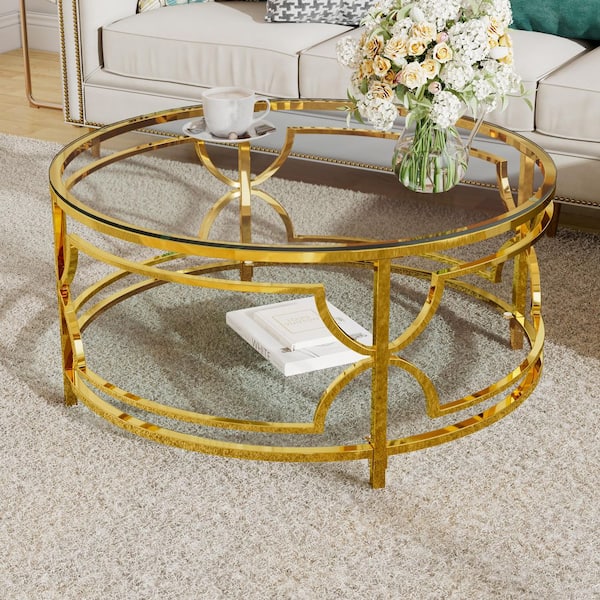 30.7 in. Round Clear Tempered Glass Top Coffee Table with Gold Geometric Metal Frame and Lower Shelf