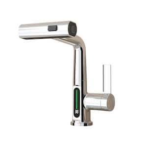 Pull-Out LED Temperature Digital Display Single Handle Single Hole Bathroom Faucet with Adjustable Height in Chrome