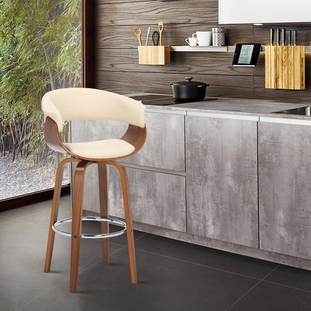 Julyssa 26 in. Swivel Cream Faux Leather and Walnut Wood Bar Stool
