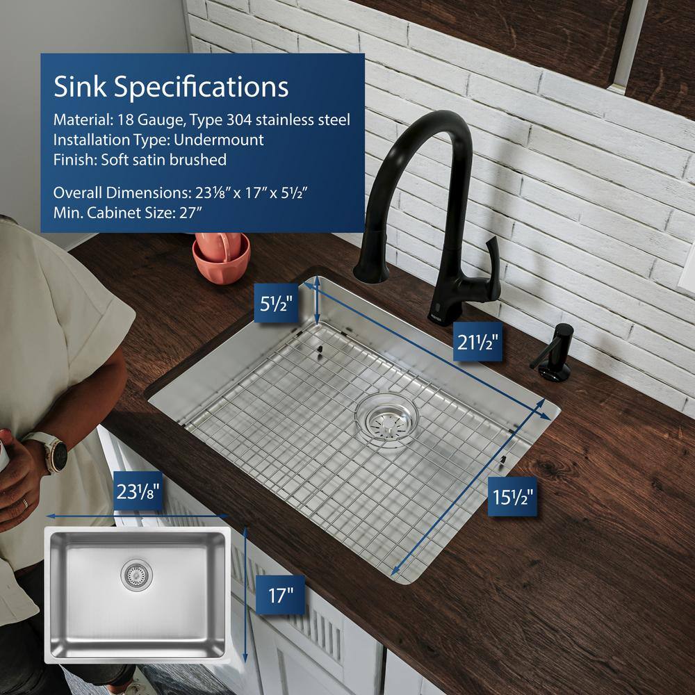 23.13'' Stainless Steel Undermount Single Bowl Kitchen Sink
