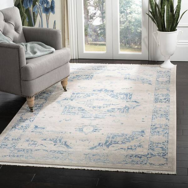 Vintage Persian Ivory/Blue Doormat 3 ft. x 5 ft. Floral Medallion Border Area Rug