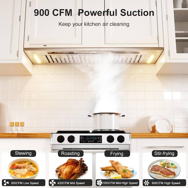 36 in. Insert Convertible Range Hood 900 CFM in Silver with Smart Voice, Gesture, Touch Control and 4-Speed Exhaust Fan