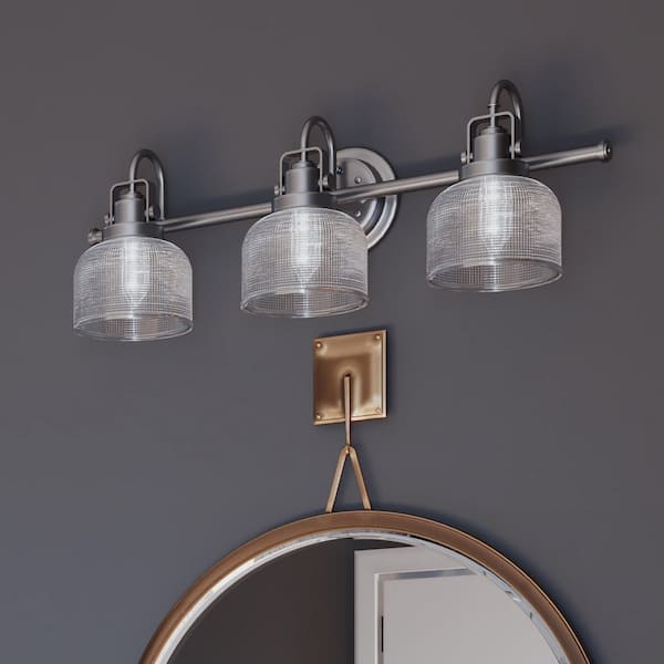 Archie Collection 26-1/4 in. 3-Light Antique Nickel Clear Double Prismatic Glass Coastal Bathroom Vanity Light