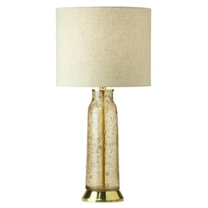 Beck 22 in. Gold Amber and Beige Glass and Metal Table Lamp with Fabric Drum Shade