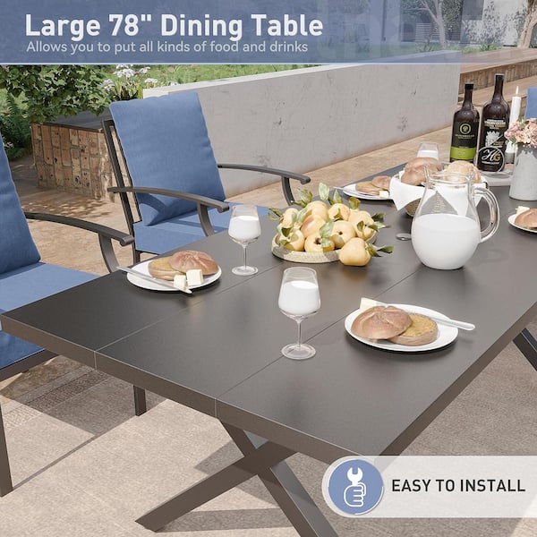 7-Piece Metal Patio Outdoor Dining Set with 6 Chairs, Large Table, Umbrella Hole and Navy Blue Cushions