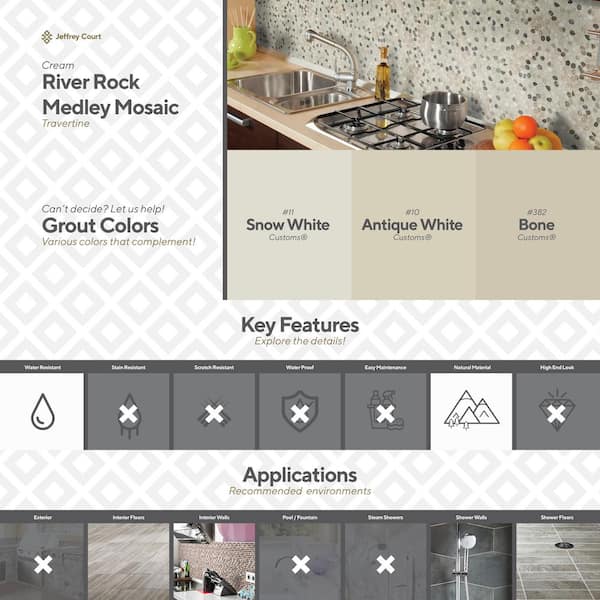 Jeffrey Court Creama River Rock 10.75 in. x 10.75 in. x 10 mm Marble Mosaic Wall Tile Jeffrey Court Creama River Rock 10.75 in. x 10.75 in. x 10 mm Marble Mosaic Wall Tile