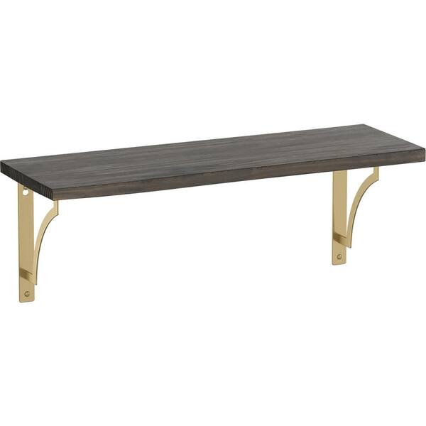 Liberty 24 in. x 8 in. x 6 in. Dark Stained Solid Pine Wood Decorative Wall Shelf with Satin Gold Classic Casual Steel Brackets