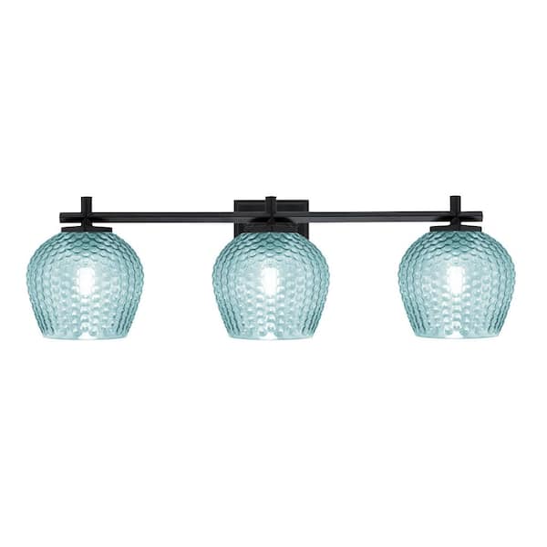 Unbranded Bridgewater 26.75 in. 3 Light Vanity Light Matte Black with 6 in. Turquoise Textured Glass Shades, No Bulbs Included