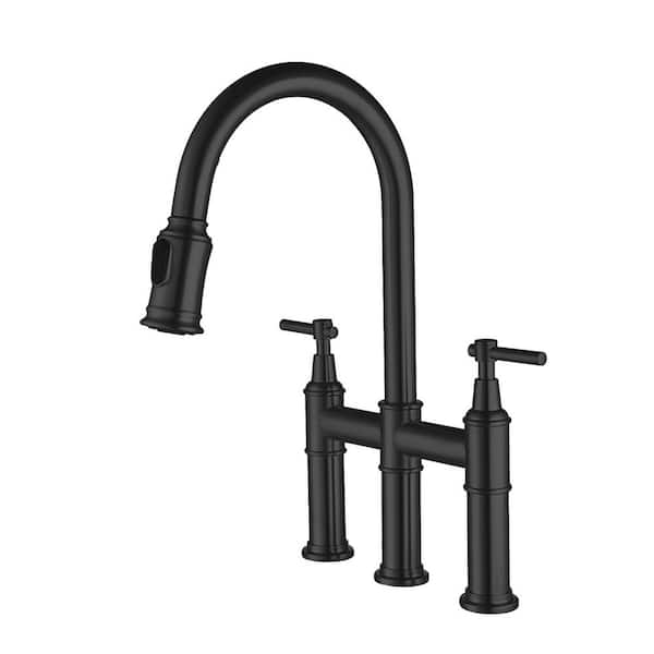 WELLFOR Double Handles Gooseneck Pull Down Sprayer Kitchen Faucet in Matte Black Widespread Bridge Faucets for 3-Hole