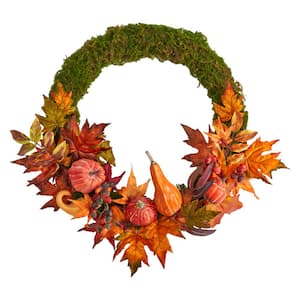 20 in. Orange Autumn Pumpkin, Gourd and Fall Maple Leaf Artificial Wreath