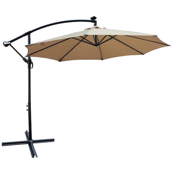 Staykiwi 10 ft. Steel Cantilever Market Solar-Powered LED Patio Umbrella in Tan with Crank Lift and Cross Base