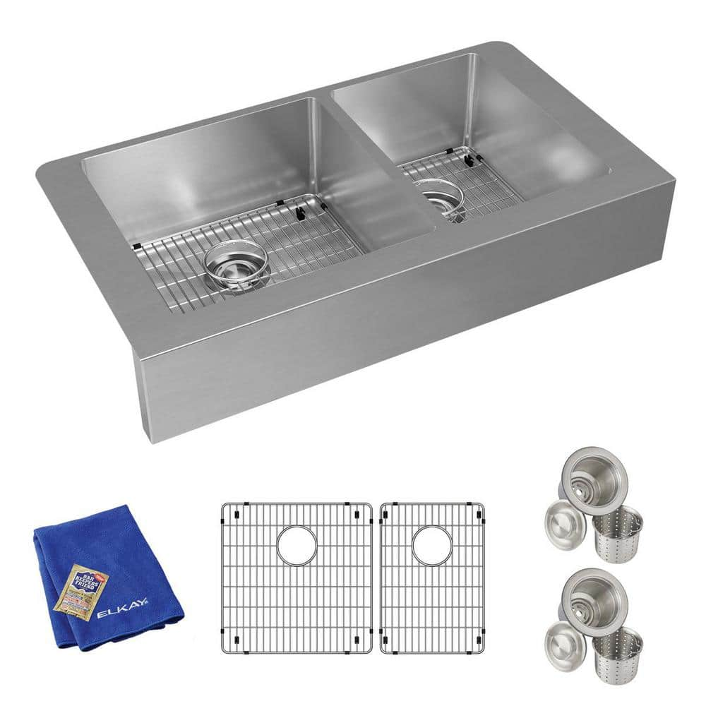 Elkay Crosstown 36 in. Farmhouse/Apron-Front Offset 60/40 Double Bowl 18 G Stainless Steel Kitchen Sink Kit w/ Accessories