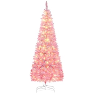 6 ft. Pink Prelit Snow Flocked Artificial Christmas Tree with Pencil Shape Pine Realistic Branches Warm White LED lights