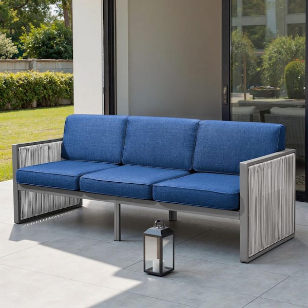 Opohoro SquareChic Metal and Light Beige Wicker Outdoor 3-Seat Sectional Couch Sofa with Olefin Navy Blue Cushions
