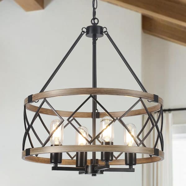 4-Light Black and Imitation Wood Grain Drum Cage Candlestick Island Chandelier Industrial Pendant Light