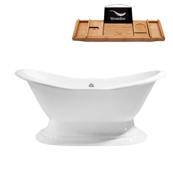 Streamline 61 in. Cast Iron Flat Bottom Non-Whirlpool Bathtub in Glossy White with Glossy White External Drain and Tray