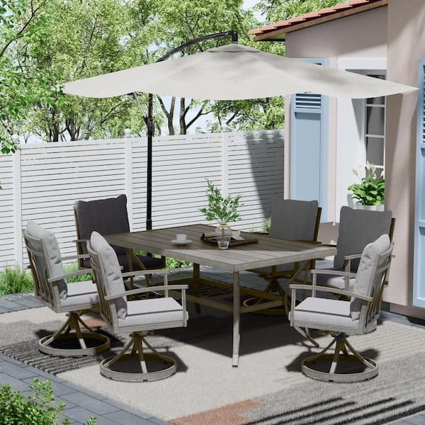 ChillPavilion Urban Oasis Gray 7-Piece Aluminum Outdoor Dinning Set with 6-Swivel Chairs and Cushions
