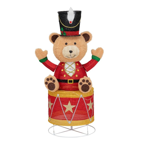 57 in. Christmas Lighted Drumming Bear, 3D Tinsel Santa Outdoor Garden Yard Lawn Festive Holiday Decoration with Lights