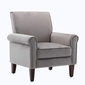 Modern Grey Velvet Accent Chair with Cushion Upholstered Club Armchair for Bedroom Living Room Office