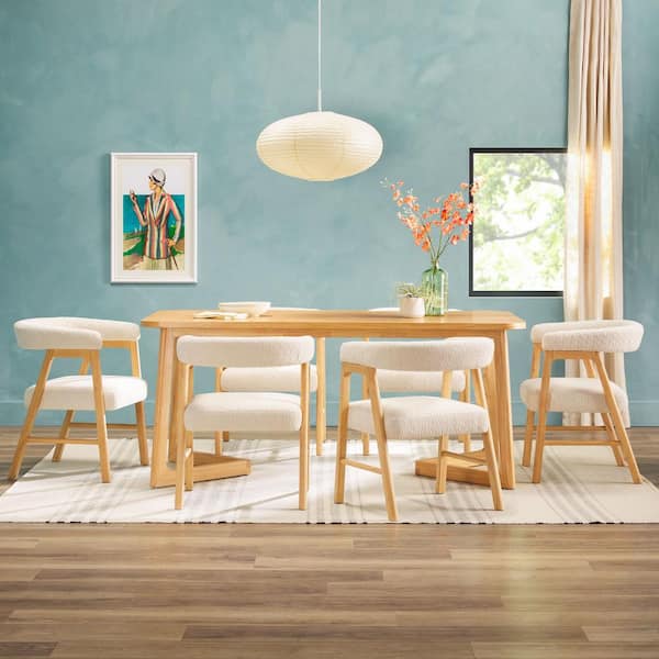 Walker Edison Furniture Company Modern 7-Piece Natural Rectangle Wood Top Dining Room Set with Ivory Upholstered Chairs and Solid Wood Features, Seats 6