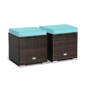 Mix Brown Wicker Outdoor Ottoman with Hidden Storage Space with Turquoise Cushion 2-Pack