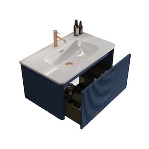 ENYA 30 in. W. x 18.3 in. D x 15.6 in. H Single Sink Floating Bath Vanity in Navy Blue with White Ceramic Top