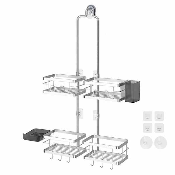 Adjustable Hanging Rustproof Shower Caddy for Handheld Showerheads with Hooks Soap Holder Toothbrush Holder, Silver