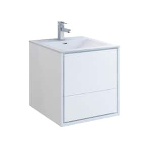 Catania 24 in. Modern Wall Hung Bath Vanity in Glossy White with Vanity Top in White with White Basin