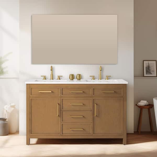 Logan 54 in. W Bath Vanity in Caramel with Engineered Stone Top in Carrara White with White Sinks
