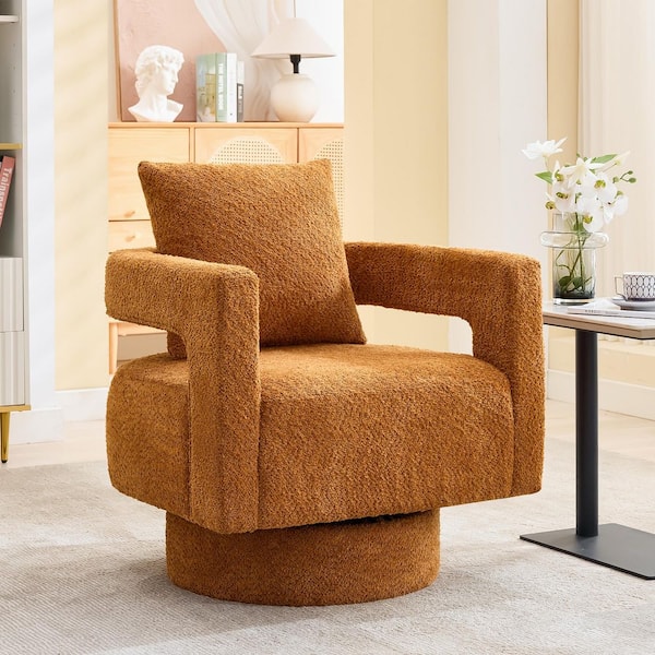 Modern Brown Circle Chenille Boucle Farbic Swivel Accent Arm Chair, Swivel Reading Chair for Bedroom Living Room