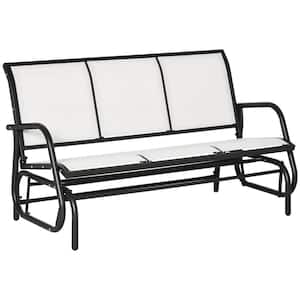 Cream White 57.75 in. Metal Outdoor Glider with Center Table, Breathable Mesh Fabric and Armrests for Backyard
