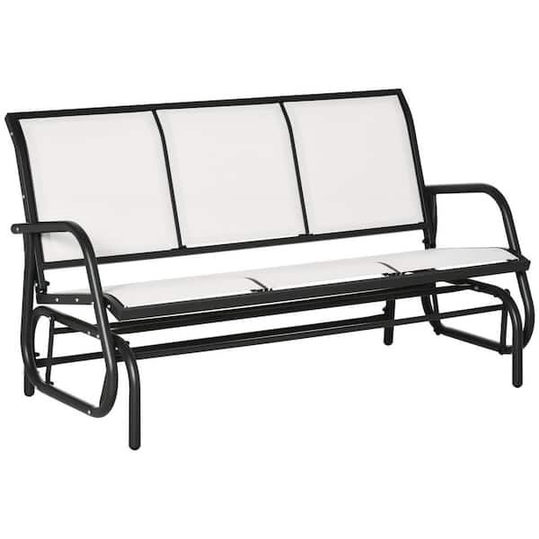 Zeus & Ruta Cream White 57.75 in. Metal Outdoor Glider with Center Table, Breathable Mesh Fabric and Armrests for Backyard