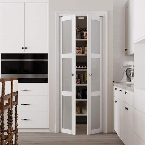 30 in. x 96 in. 3-Lite Tempered Frosted Glass Solid Core White Finished Glass Pivot Bifold Door with 2-Types of Hardware