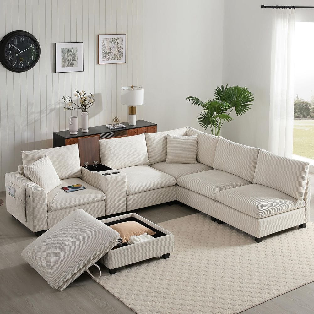 140 in. U Shaped Chenille 6 Seat Sectional Sofa in Beige with Movable Stora