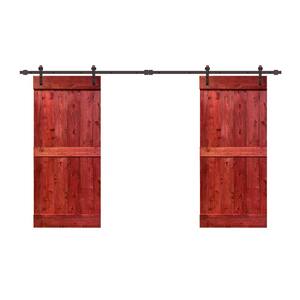 72 in. x 84 in. Mid-Bar Series Cherry Red Stained Solid Pine Wood Interior Double Sliding Barn Door with Hardware Kit