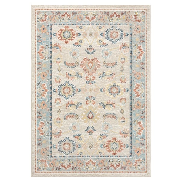 Unbranded Iviana Ivory/Blue 5 ft. 3 in. x 7 ft. 6 in. Contemporary Power-Loomed Border Rectangle Area Rug