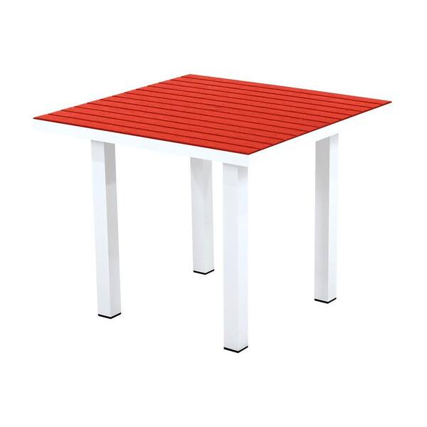 POLYWOOD Euro Satin White/Sunset Red 36 in. Square Patio Dining Table