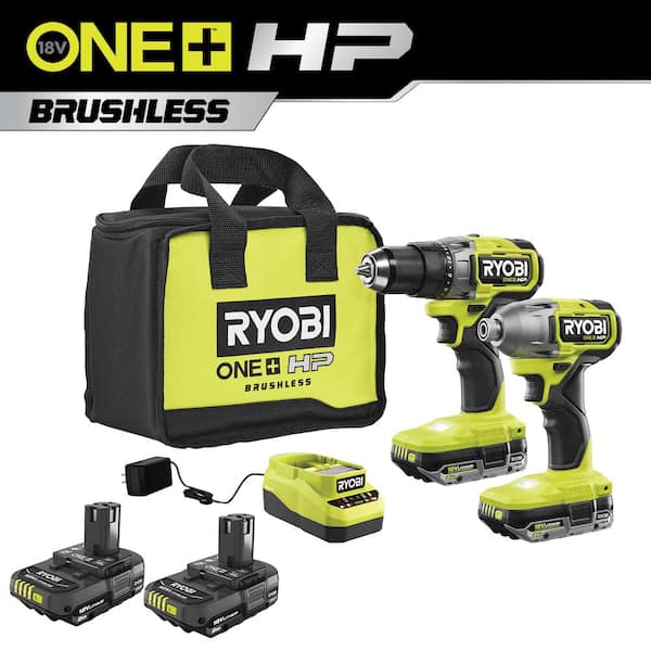RYOBI ONE+ HP 18V Brushless Cordless 1/2 in. Drill/Driver and Impact Driver Kit w/ (4) 2.0 Ah Batteries, Charger, and Bag