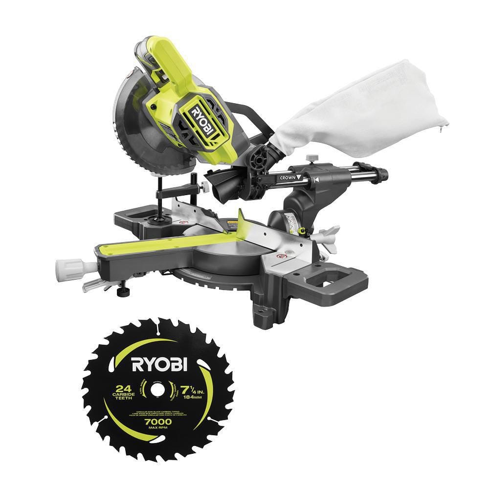 RYOBI ONE+ 18V Cordless 7-1/4 in. Sliding Compound Miter Saw (Tool Only) with Extra 7-1/4 in. Blade (1-Piece) -  PBT01B-A067101