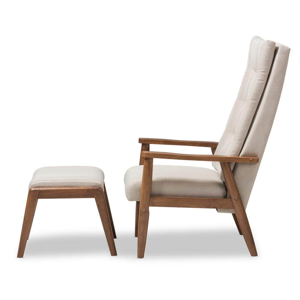 Mid-Century Modern Light Beige Leather Accent Chair with Walnut Wood Frame