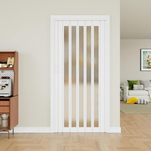 Blackout Door 36 in. x 80 in. White Dual 1-Lite PVC Accordion Door with Frosted Acrylic Glass with Hardware Kit