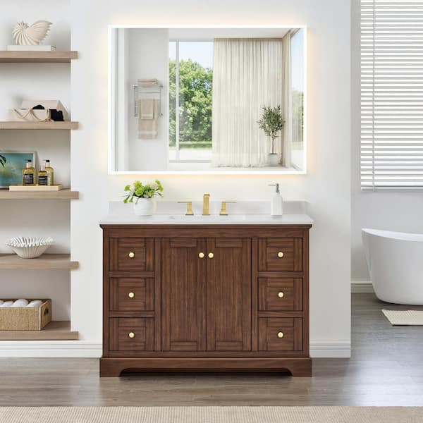 Avery 48 in. Single Freestanding Dark Walnut with Brushed Gold Trim Bath Vanity with Giotto Quartz Top