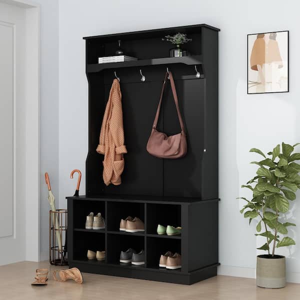 FUFU&GAGA Black Painted Hall Tree with Shoe Bench, Hanging Hooks, and Storage Cubbies, Entryway