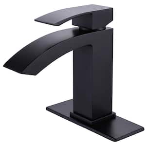 Waterfall Single Hole Single-Handle Low-Arc Bathroom Faucet with Deck Plate in Matte Black