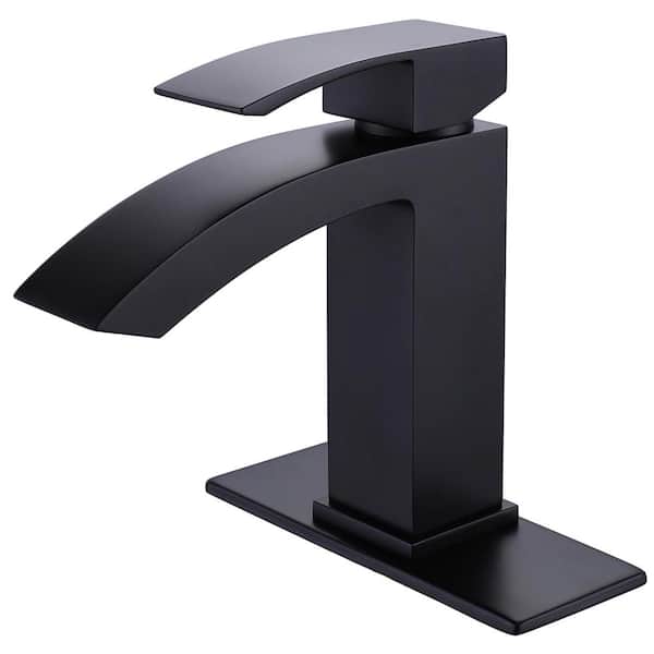 Boyel Living Waterfall Single Hole Single-Handle Low-Arc Bathroom Faucet with Deck Plate in Matte Black